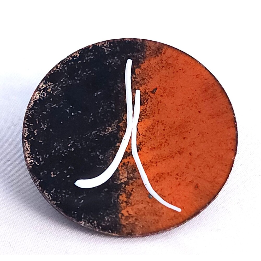 Modernist Copper Enamel Brooch Black Orange Abstract Studio Art Jewelry 1.5"